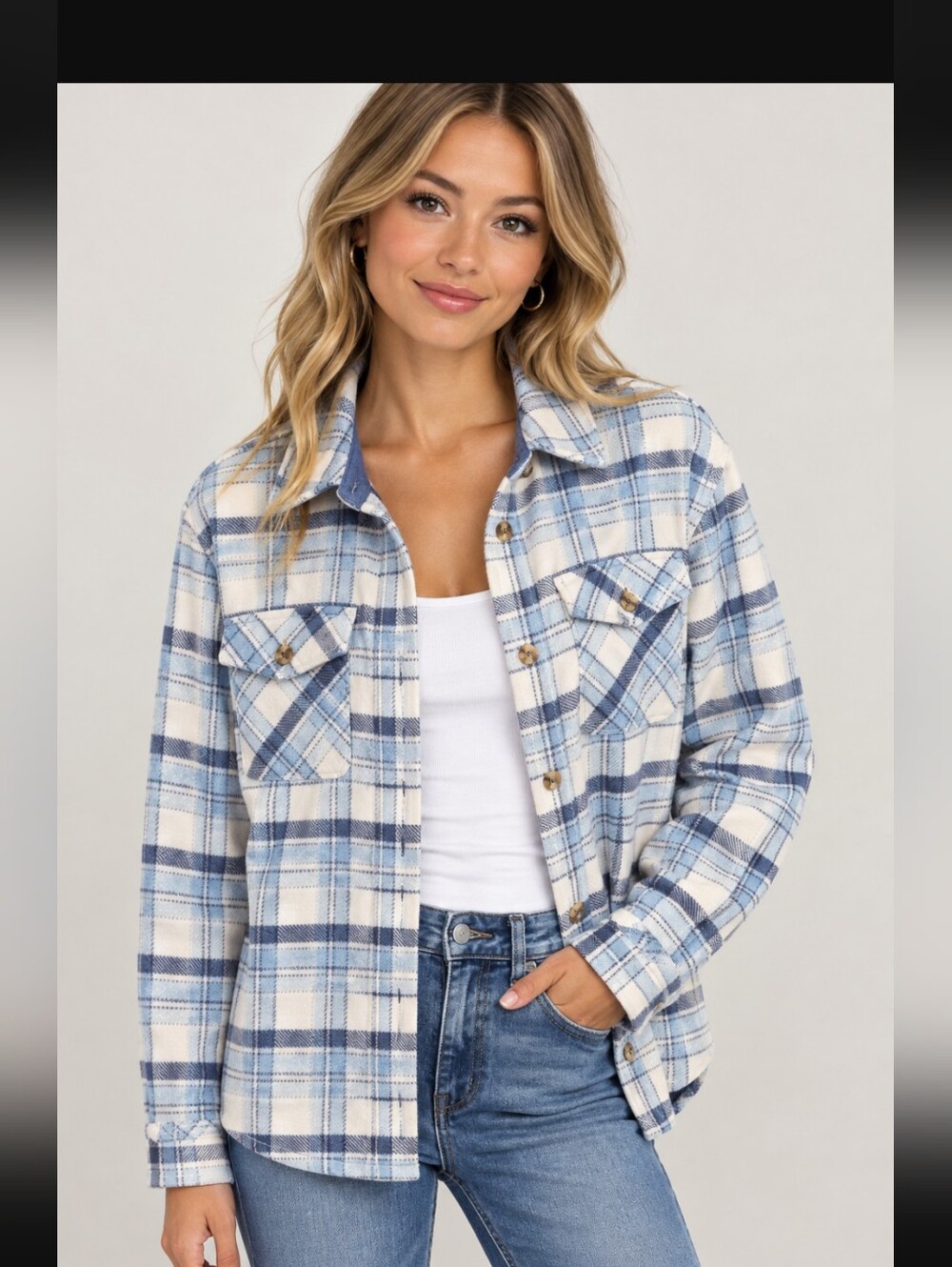Sage Collective Women's Blue & White Plaid Sherpa-Lined Shacket, Small